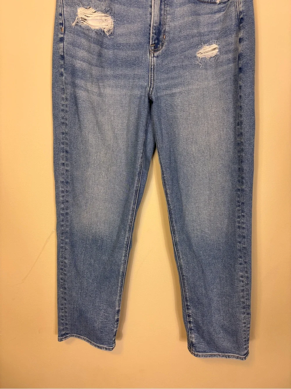 American Eagle Outfitters Light Blue Straight Leg Mom Jeans with Distress 10